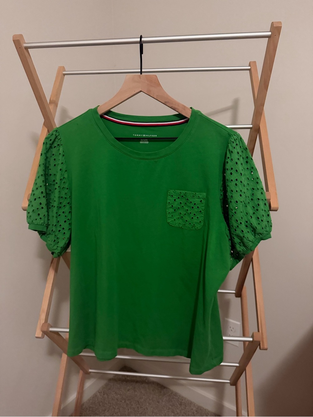 Tommy Hilfiger Bright Green Eyelet Puff Sleeve Pocket Tee